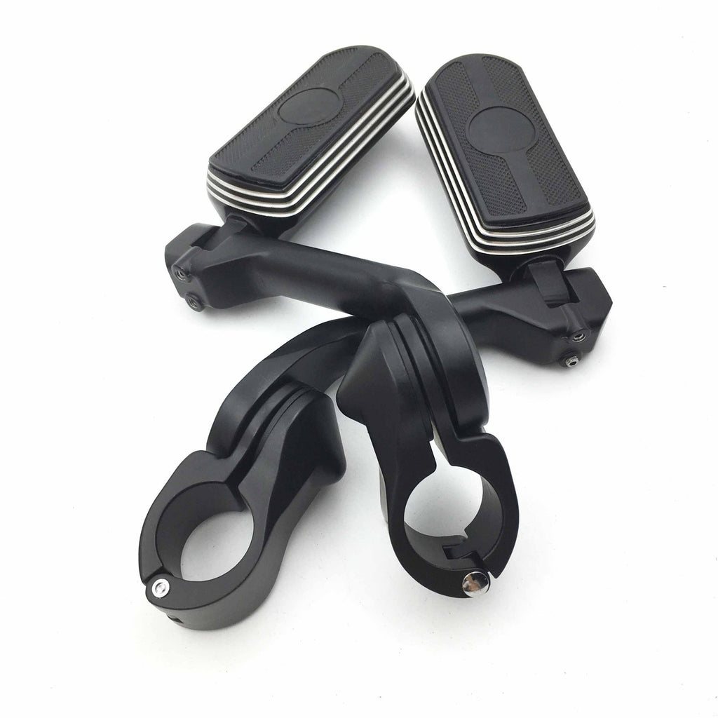 HTT- Black Skull Foot Pegs w/ 5" Long Angled Adjustable Mount Kit 1.25" For Honda GoldWing/ Yamaha V-STAR/ Suzuki Intruder/ Kawasaki Vulcan Engine Guard