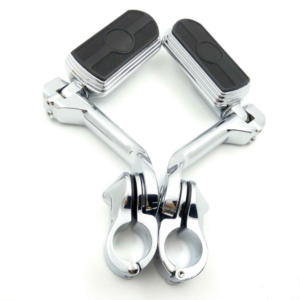 HTT- For 1.25" Engine Guard- Chrome 5" Long Angled Adjustable Skull Foot Peg Kit - Honda Suzuki Kawasaki Yamaha Harley Ducati BMW
