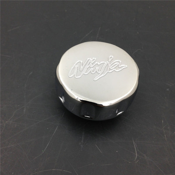 HTT Motorcycle Chrome Brake Fluid Reservoir Cap Cover "Ninja" Engraved For Kawasaki Ninja 250R 650R ZX6R ZX9R ZX10R ZX14R