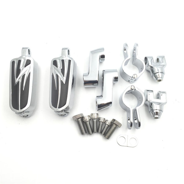 HTT Motorcycle Black Short Angled Adjustable Peg Mounting Kit with Lightning Foot Peg For Honda GoldWing VTX1300 Shadow Valkyrie Triumph 1-1/4 inch (1.25")Front Engine Guard Frame Tube