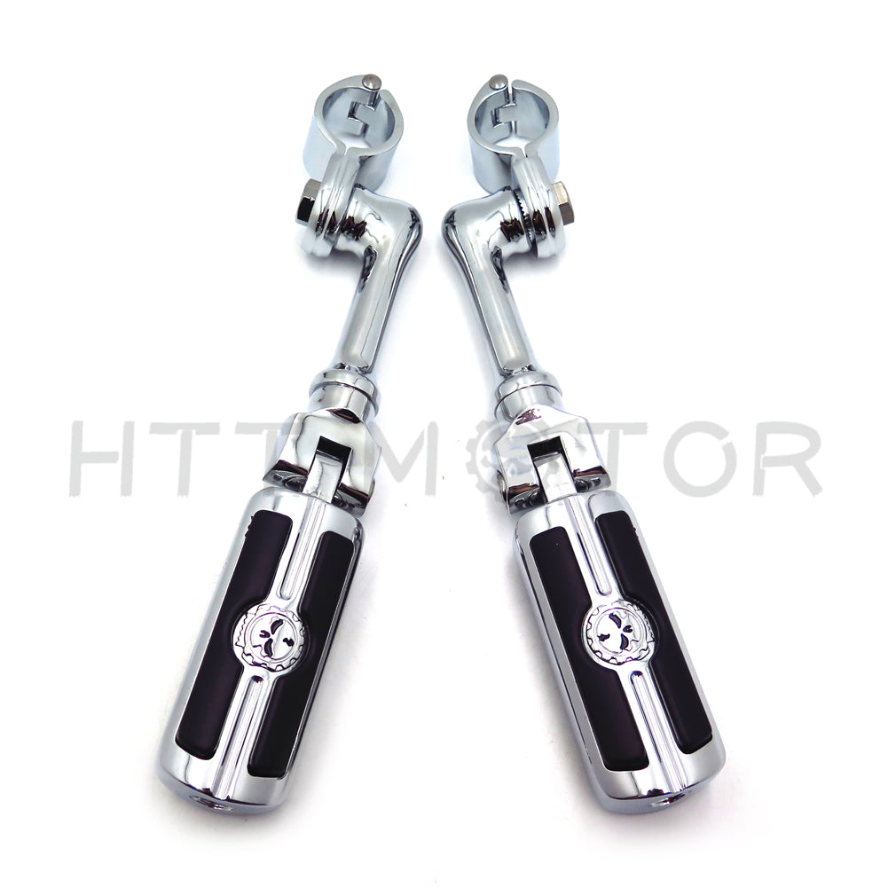 HTT Motorcycle Chrome Long Angled Adjustable Peg Mounting Kit with Skull Zombie Foot Peg For Honda GoldWing Shadow Valkyrie Triumph 1-1/4 inch (1.25")Front Engine Guard Frame Tube