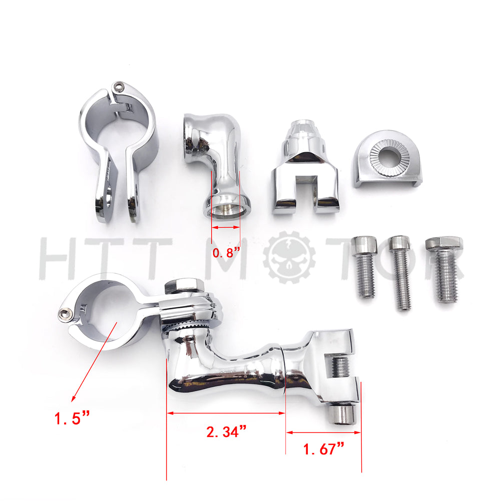 HTT Motorcycle Chrome Short Angled Adjustable Highway Peg Mounting Kit Skull Footrest For Yamaha V-STAR Roadstar Suzuki Boulevard with 1-1/2 inch (1.5") Front Engine Guard Frame Tube