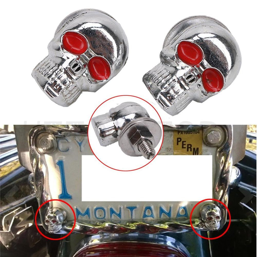 2pcs Motorcycle Chrome Skull License Plate Frame Bolts Screw Fastener For Halley