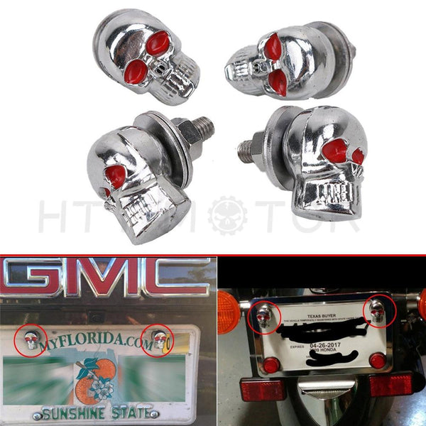 4 New Chrome - Metal License Plate Frame "Red Eye" Skull Lic Fastener Tag Bolts